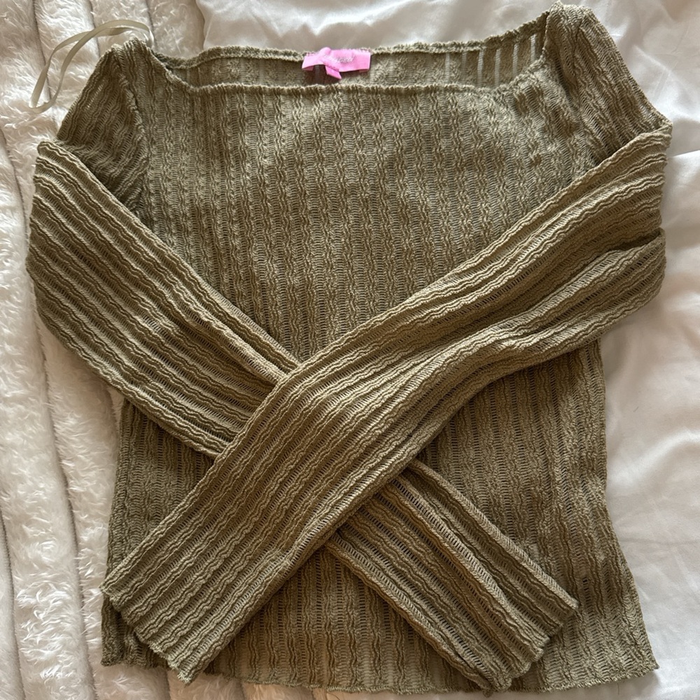 Edikted Olive Ribbed Off-Shoulder Knit Top